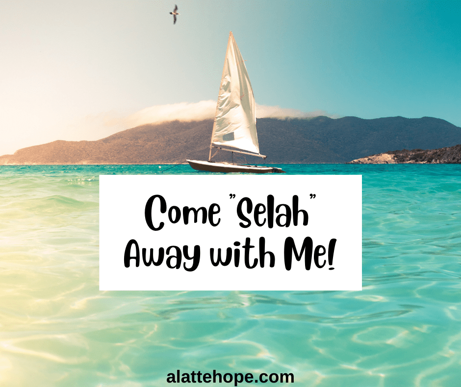beautiful scene of sail boat on the bluish green ocean with the title "come selah away with me"